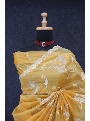 Peachmode Yellow Net Saree with Floral Embroidery Work - Image 2