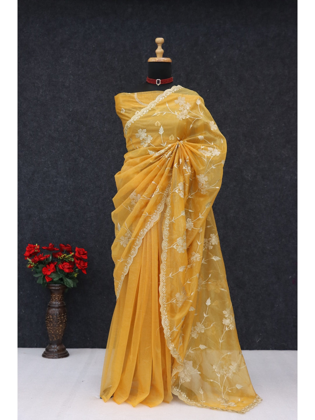 Peachmode Yellow Net Saree with Floral Embroidery Work - Image 3
