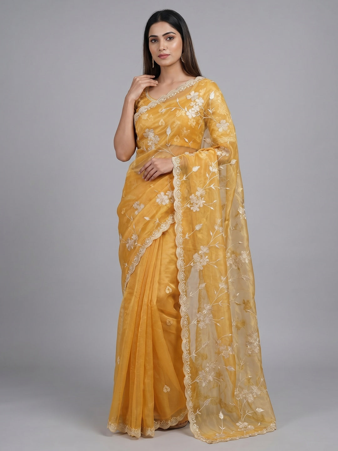 Peachmode Yellow Net Saree with Floral Embroidery Work - Image 1