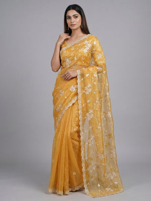 Peachmode Yellow Net Saree with Floral Embroidery Work - Image 1