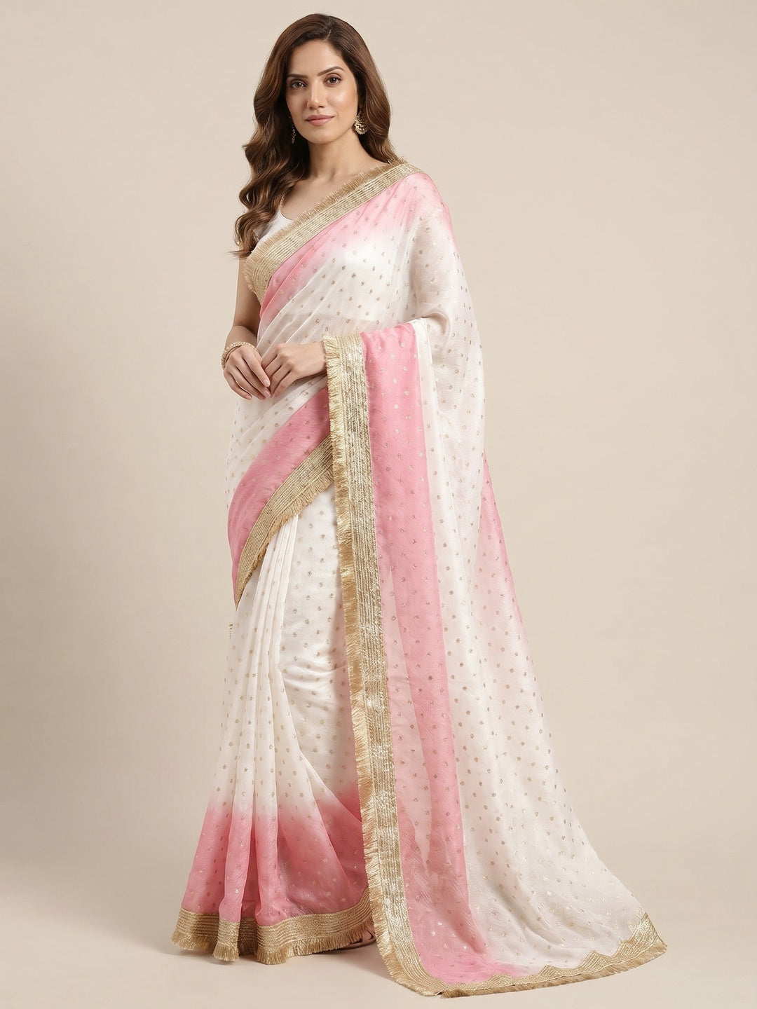 Peachmode Pink Satin Saree with Jacquard Butti Work - Image 1
