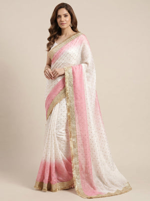 Peachmode Pink Satin Saree with Jacquard Butti Work - Image 1