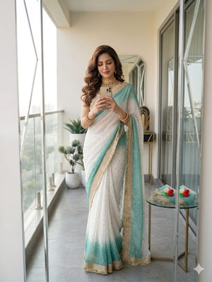 Peachmode Turquoise Satin Saree with Jacquard Butti Work - Image 2