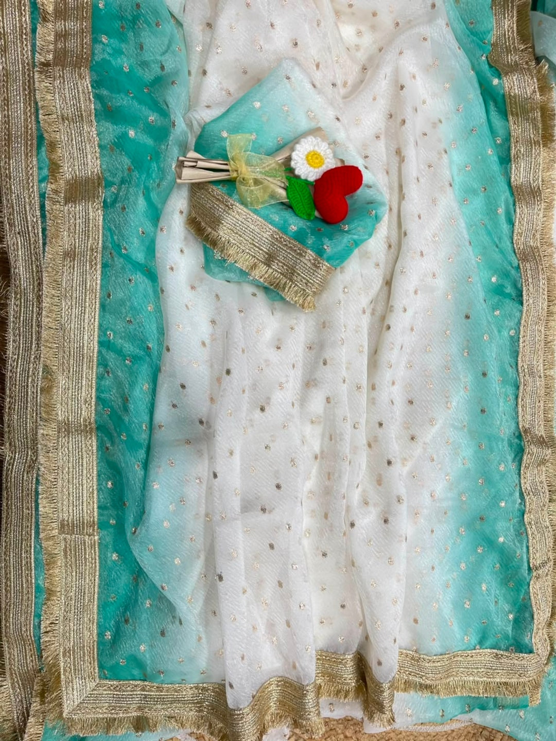 Peachmode Turquoise Satin Saree with Jacquard Butti Work - Image 3