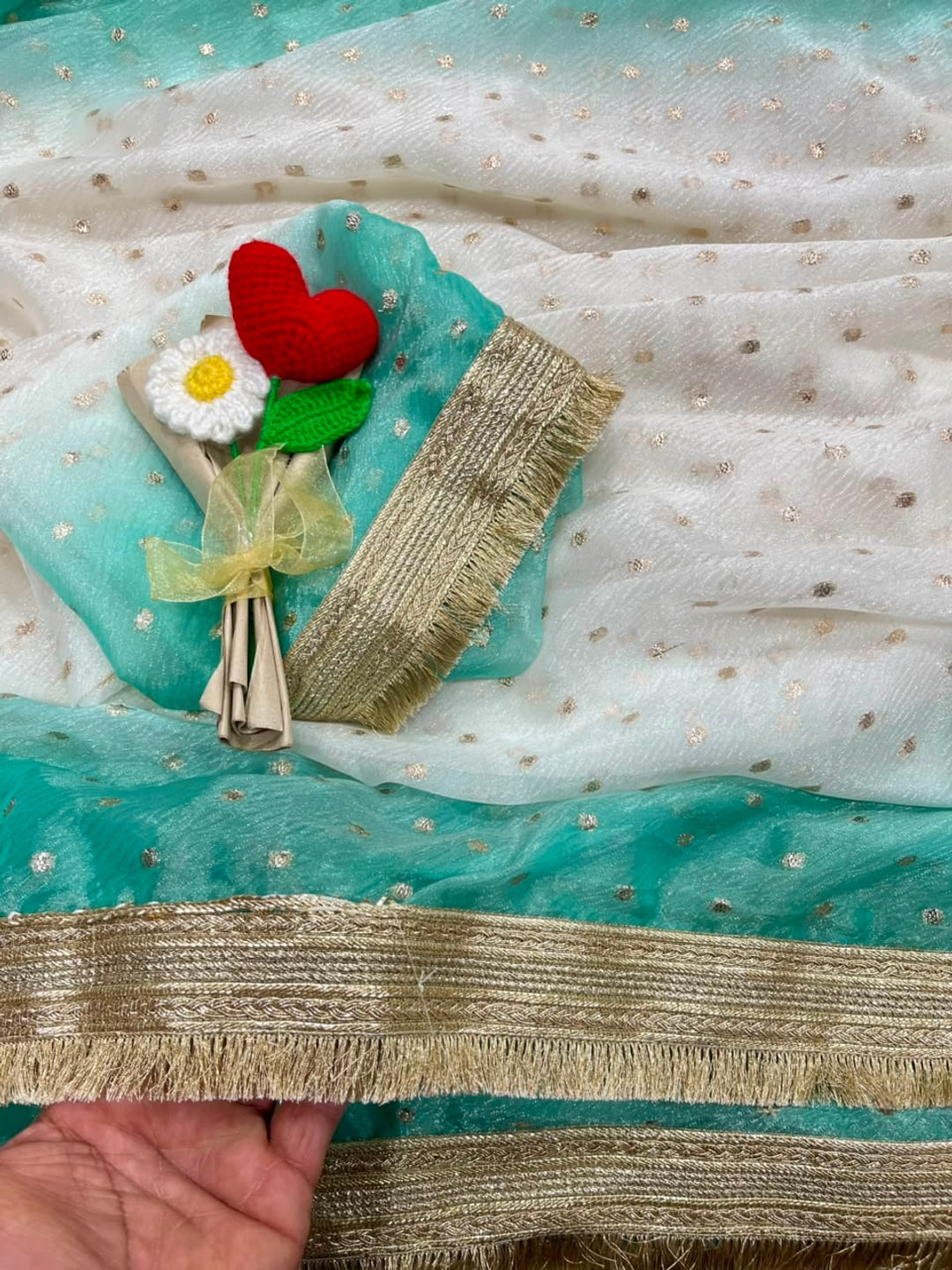Peachmode Turquoise Satin Saree with Jacquard Butti Work - Image 4