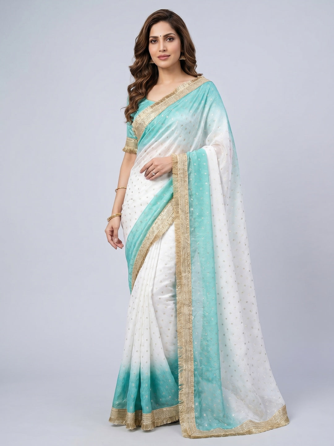 Peachmode Turquoise Satin Saree with Jacquard Butti Work - Image 1