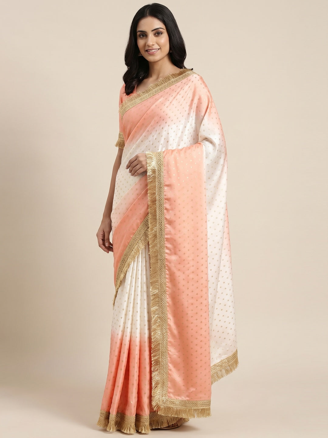 Peachmode Peach Satin Saree with Jacquard Butti Work - Image 1