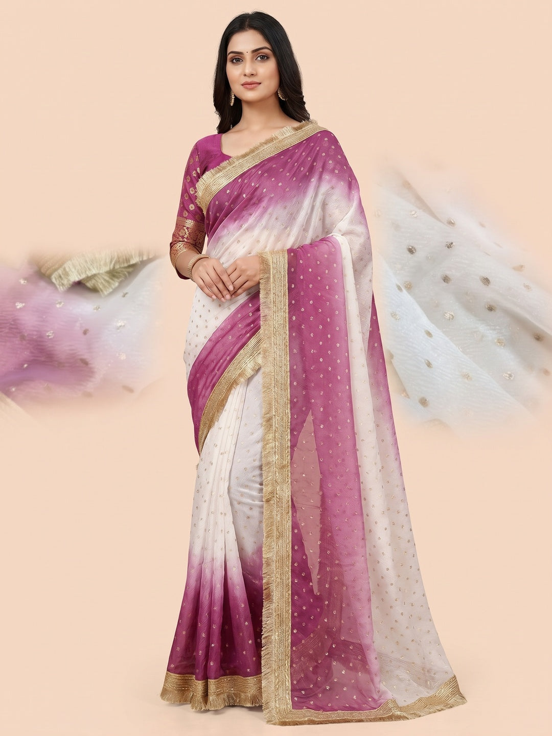Peachmode Magenta Satin Saree with Jacquard Butti Work - Image 1