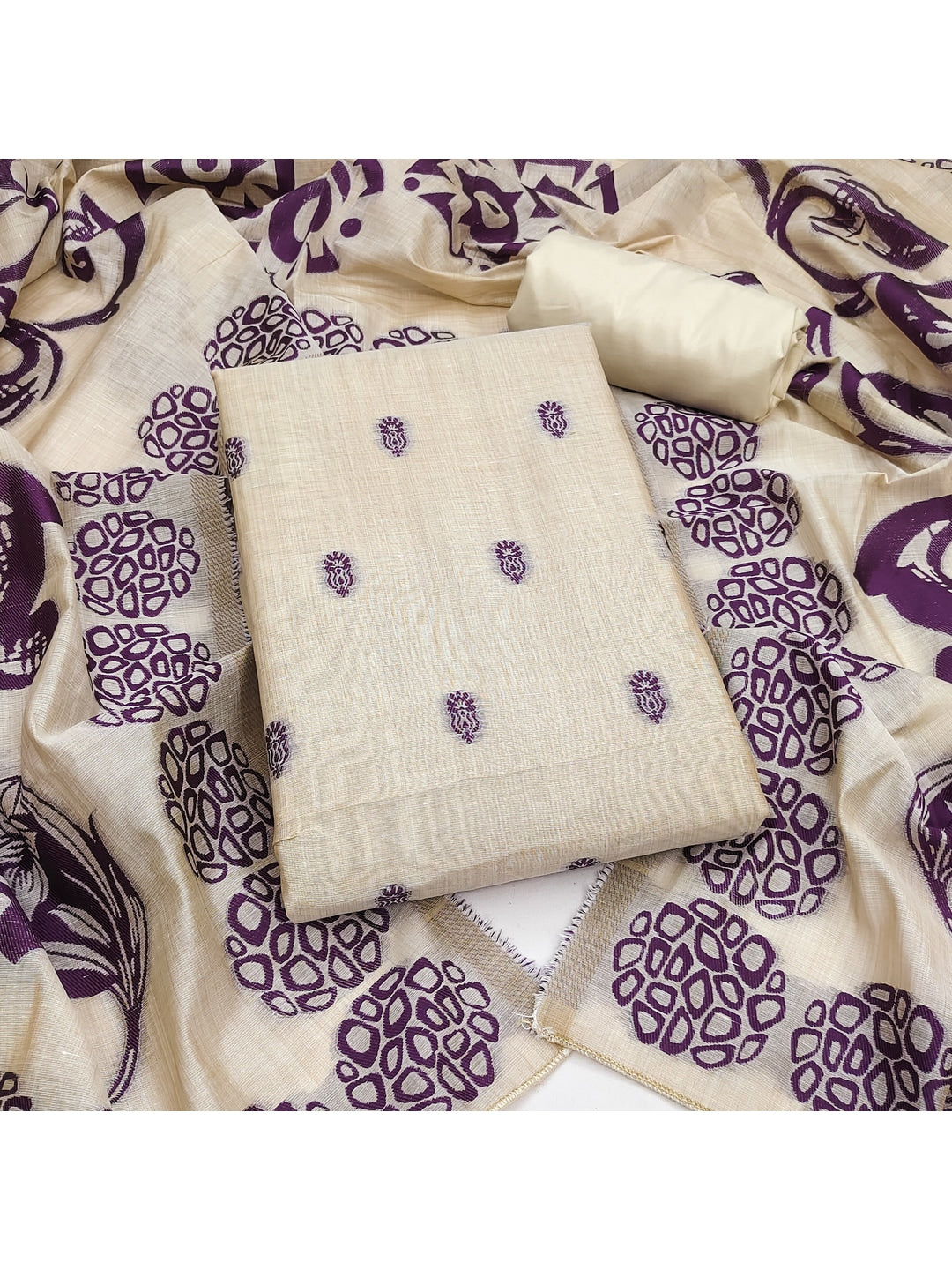 Peachmode Cream & Purple Linen Cotton Dress Material with Ethnic Motifs - Image 1