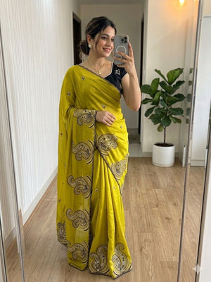 Peachmode Yellow Rangoli Silk Saree with Embroidered Border - Image 1