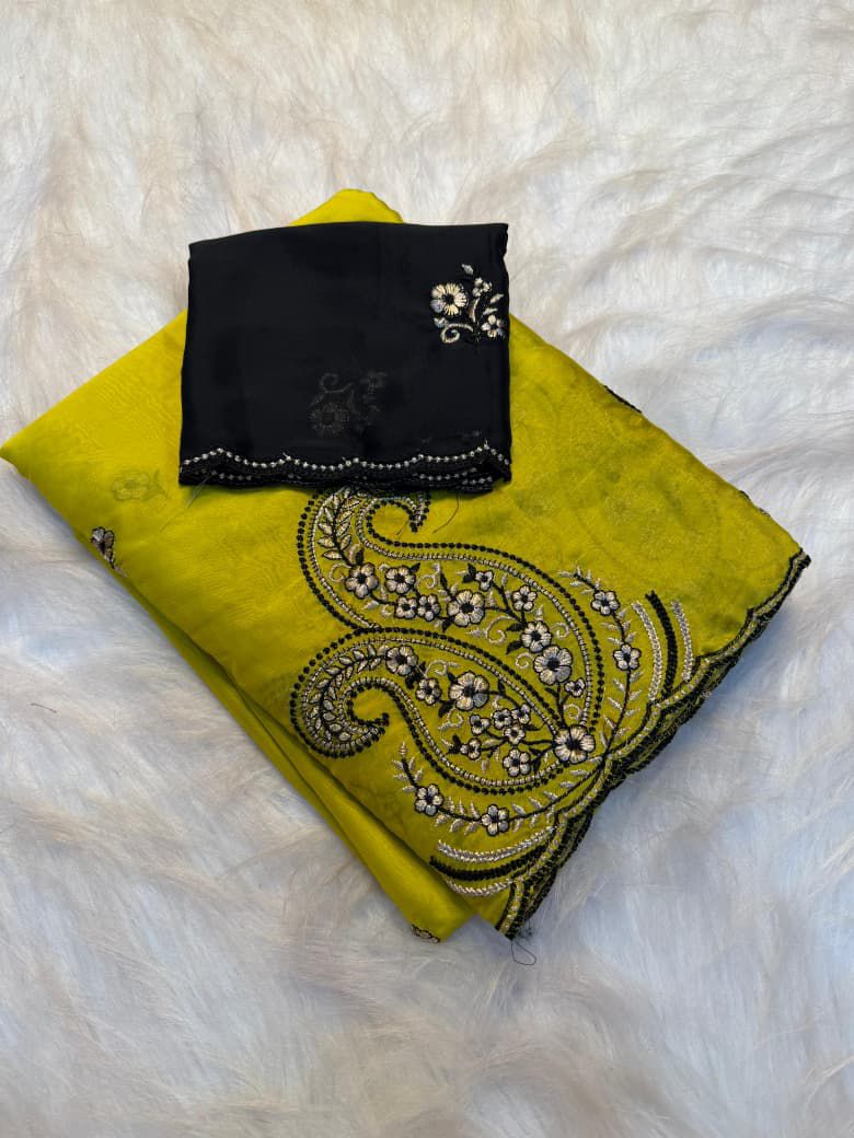 Peachmode Yellow Rangoli Silk Saree with Embroidered Border - Image 3