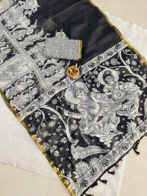 Peachmode Black Linen Cotton Kalamkari Print Saree - Image 2