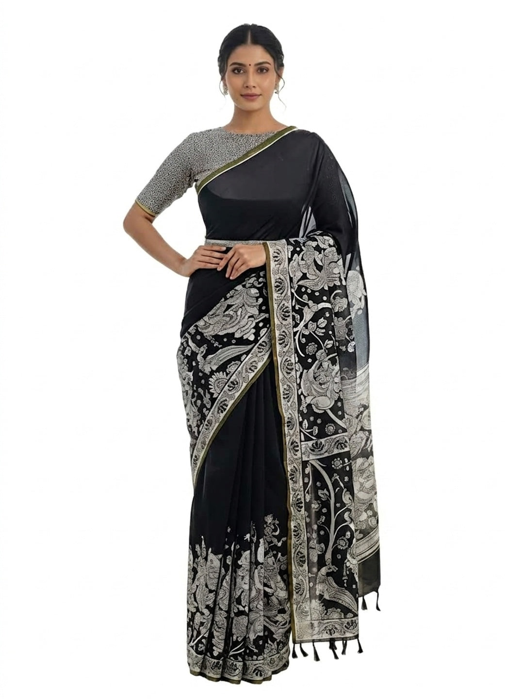 Peachmode Black Linen Cotton Kalamkari Print Saree - Image 1