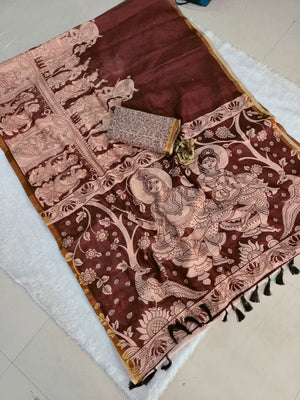 Peachmode Maroon Linen Cotton Kalamkari Print Saree - Image 2