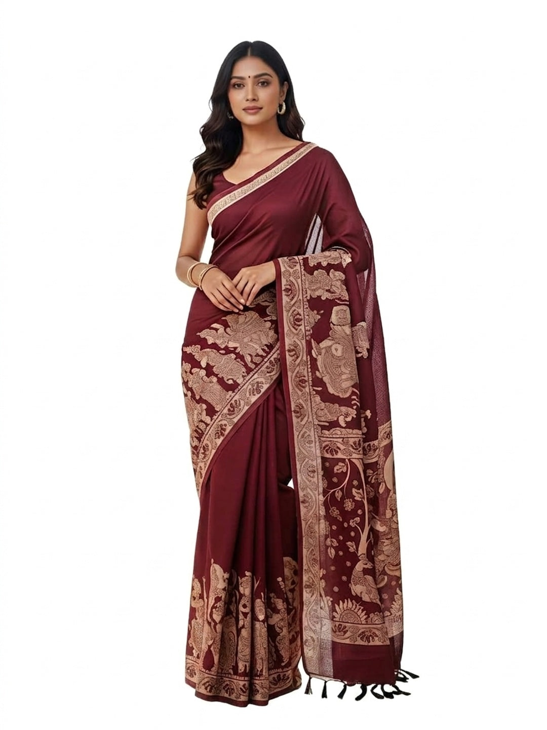 Peachmode Maroon Linen Cotton Kalamkari Print Saree - Image 1