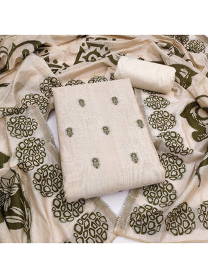 Peachmode Cream & Green Linen Cotton Dress Material with Ethnic Motifs - Image 2