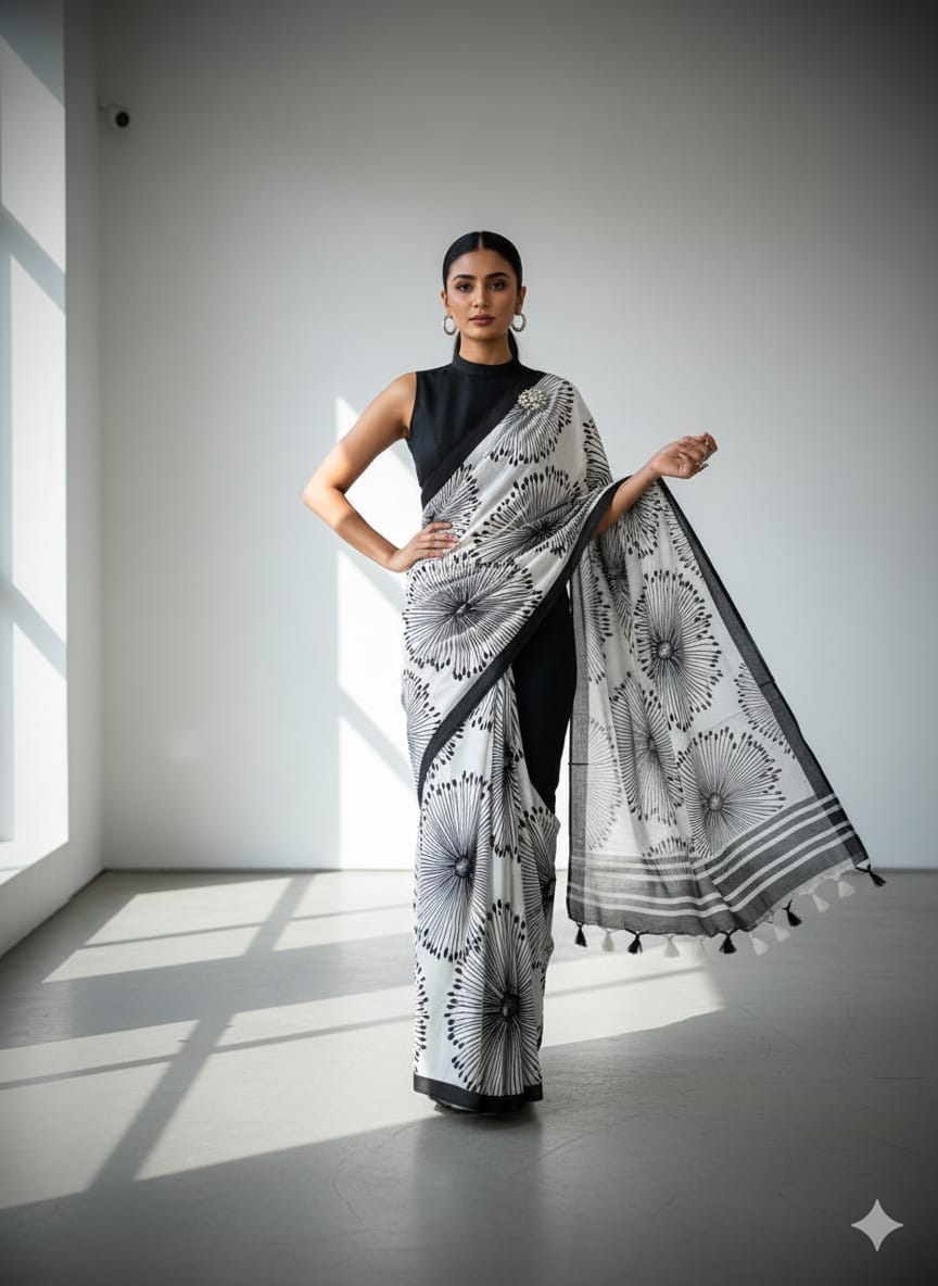 Peachmode White & Black Digital Print Saree - Image 1