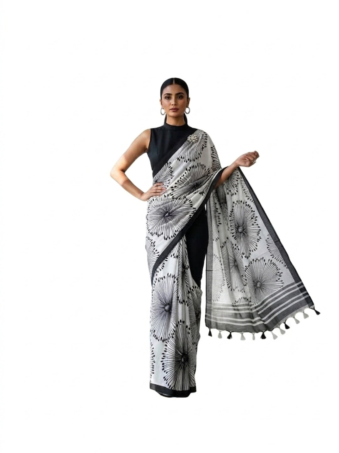 Peachmode White & Black Digital Print Saree - Image 1