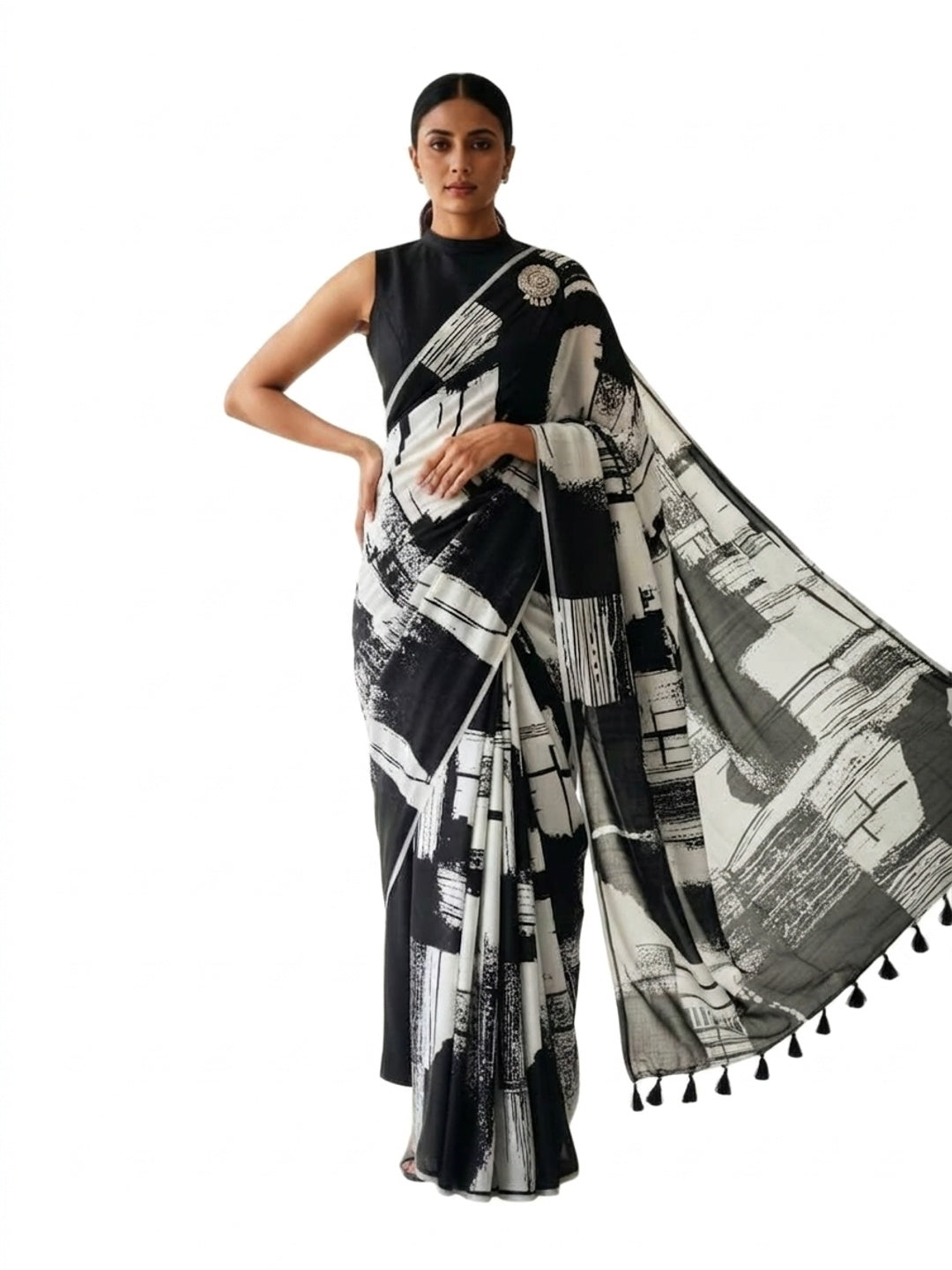 Peachmode Black and White Abstract Print Saree - Image 1