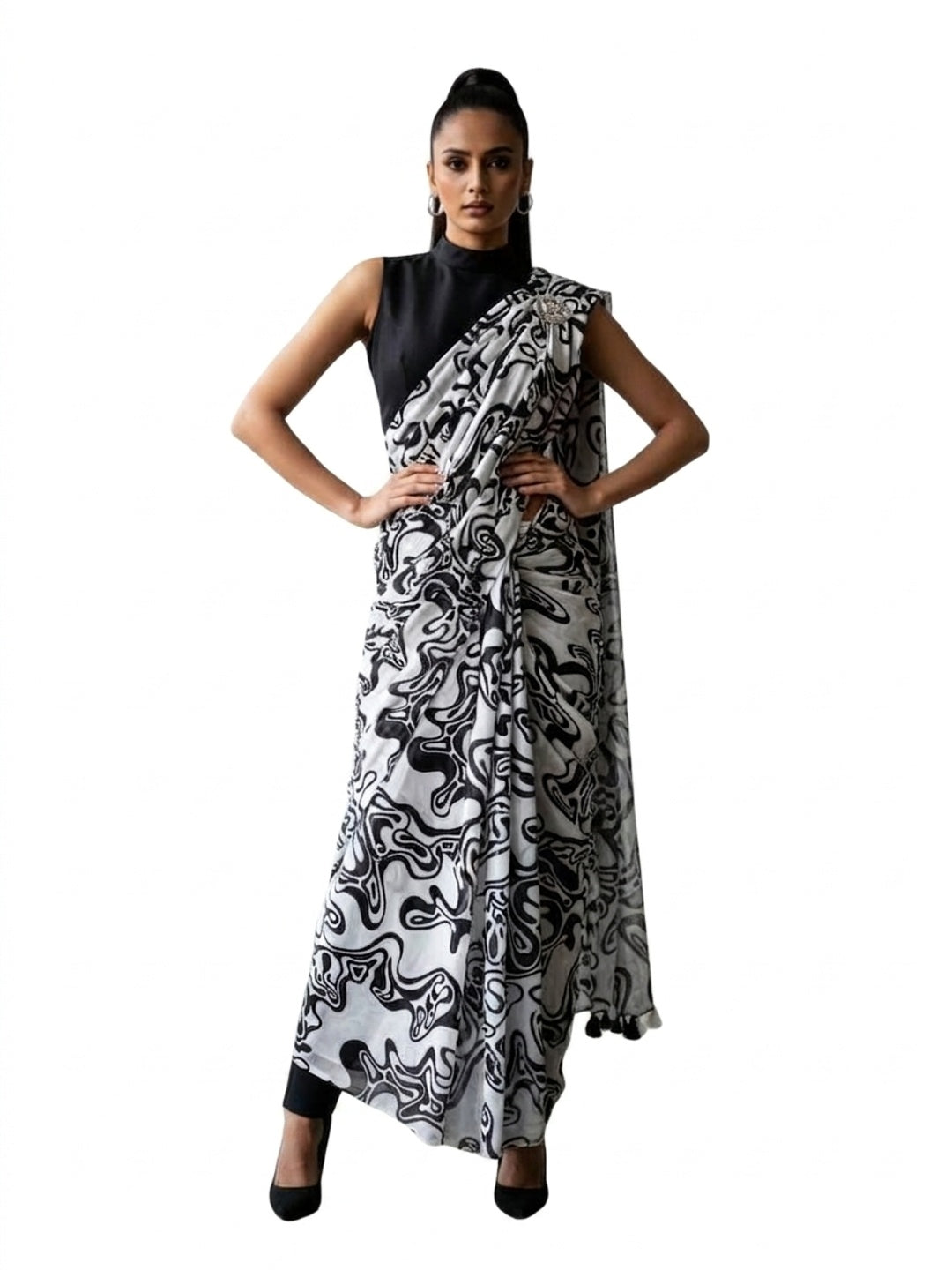 Peachmode White & Black Marble Print Saree - Image 1
