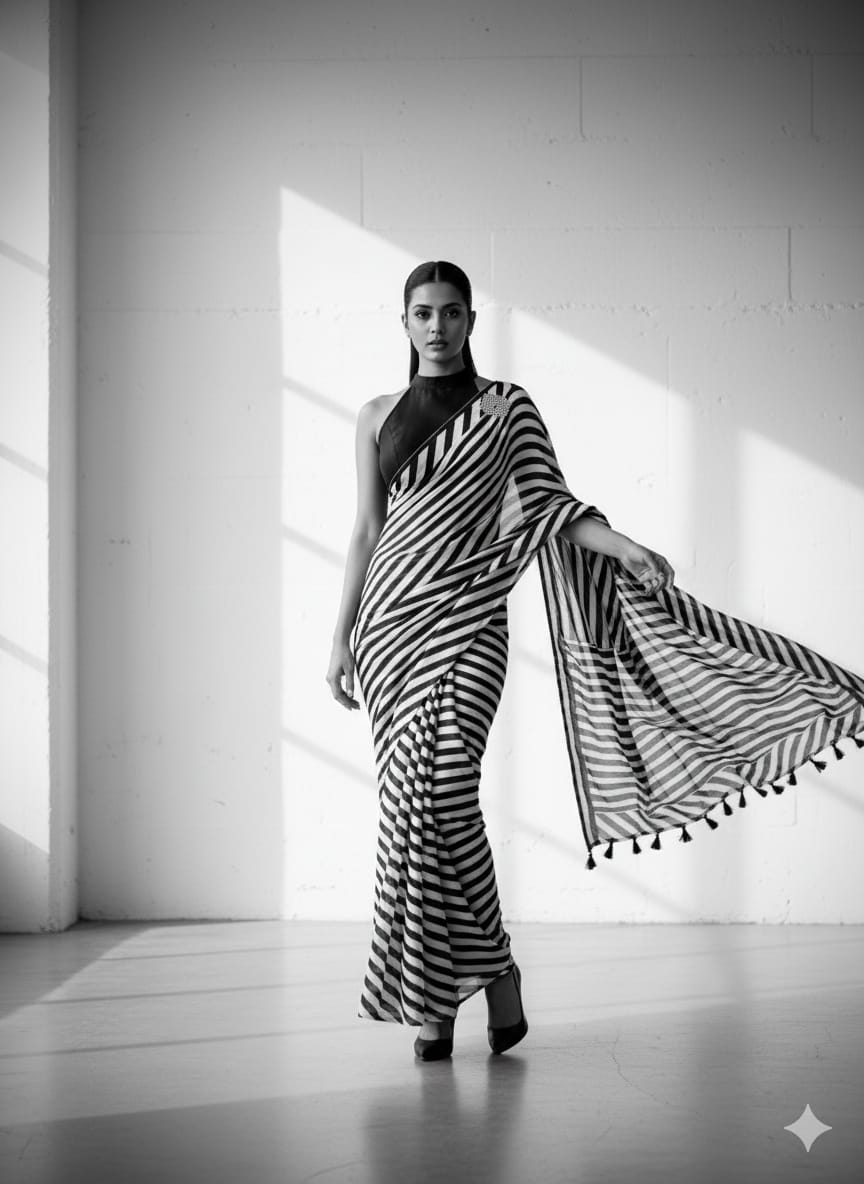 Peachmode Black and White Stripe Print Saree - Image 1