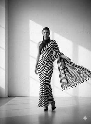 Peachmode Black and White Stripe Print Saree - Image 1
