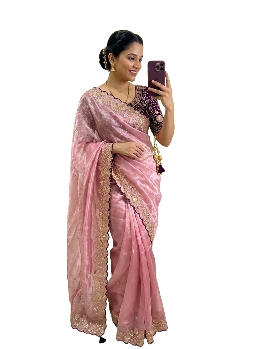 Peachmode Pink Fandy Satin Saree with Sequins and Zari Embroidery - Image 1