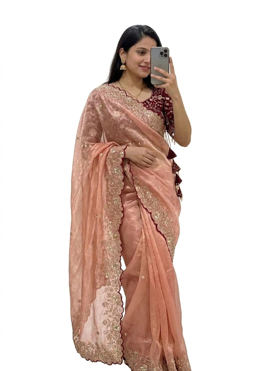 Peachmode Peach Fandy Satin Saree with Sequins and Zari Embroidery - Image 1