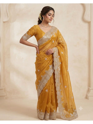 Peachmode Mustard Gold Crush Saree with Sequins, Zari and Thread Embroidery - Image 1