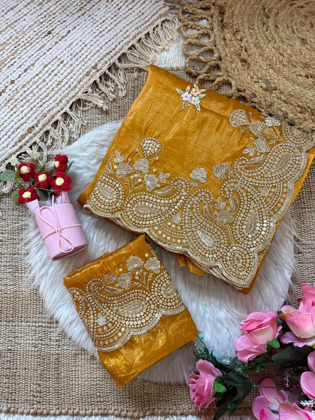 Peachmode Mustard Gold Crush Saree with Sequins, Zari and Thread Embroidery - Image 3