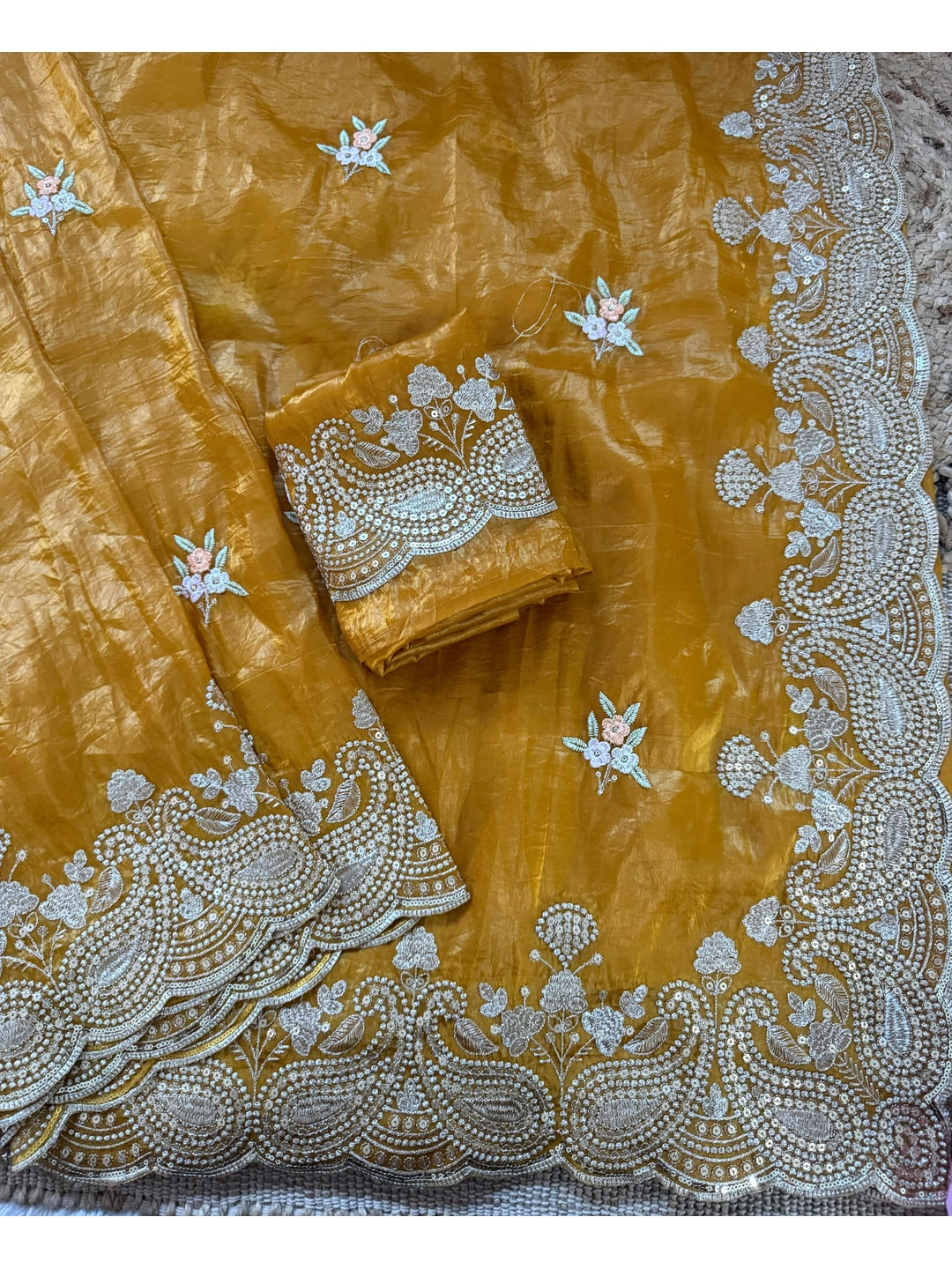 Peachmode Mustard Gold Crush Saree with Sequins, Zari and Thread Embroidery - Image 4