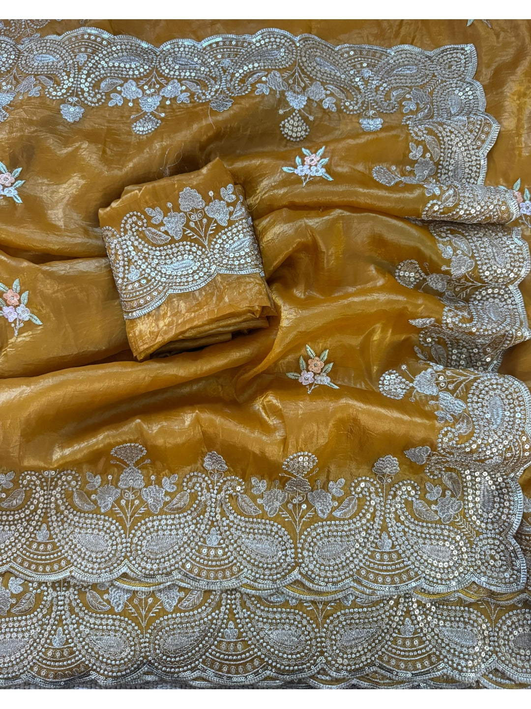 Peachmode Mustard Gold Crush Saree with Sequins, Zari and Thread Embroidery - Image 5
