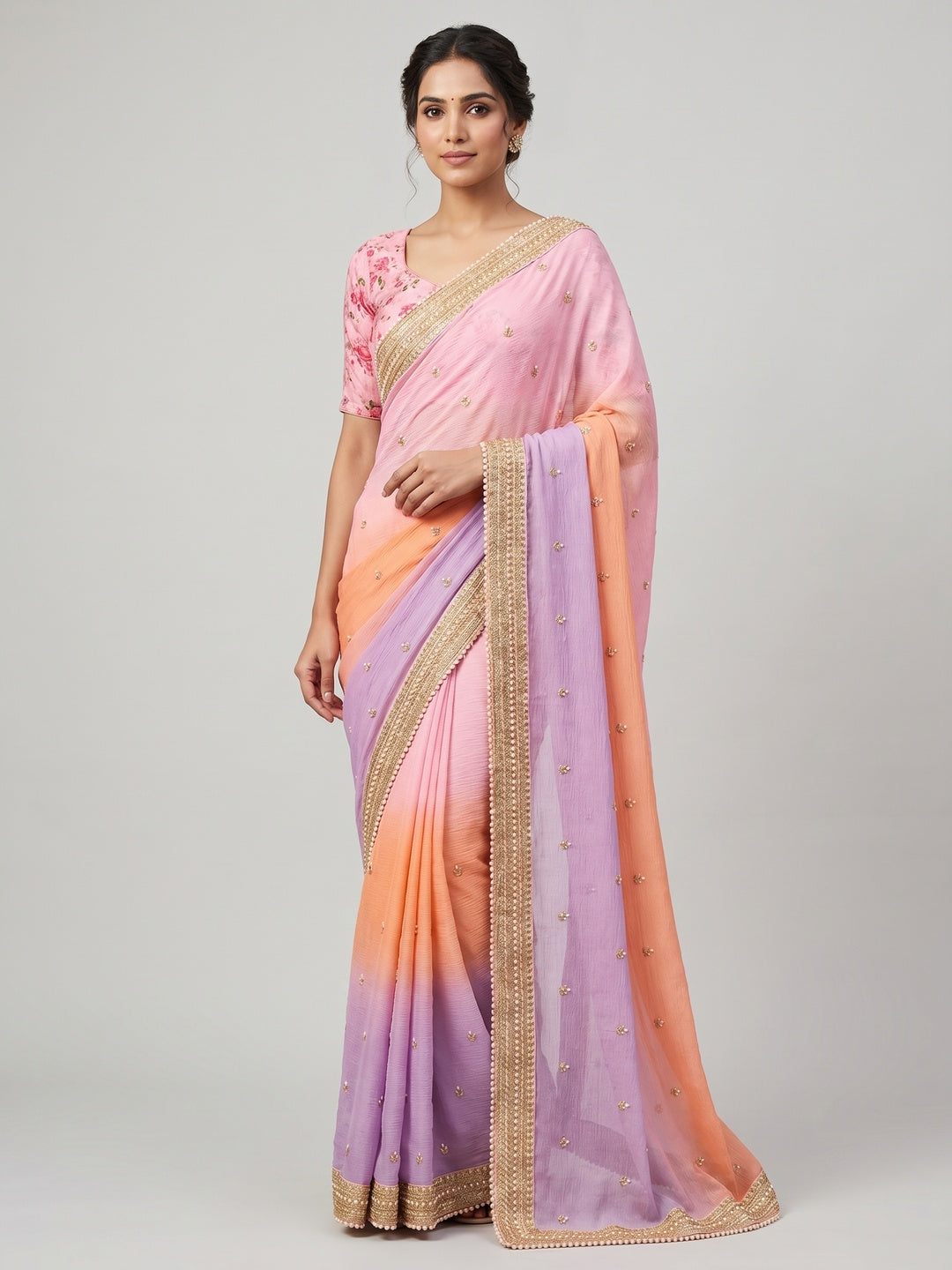 Peachmode Baby Pink Crunchy Crush Embroidered Saree - Image 1