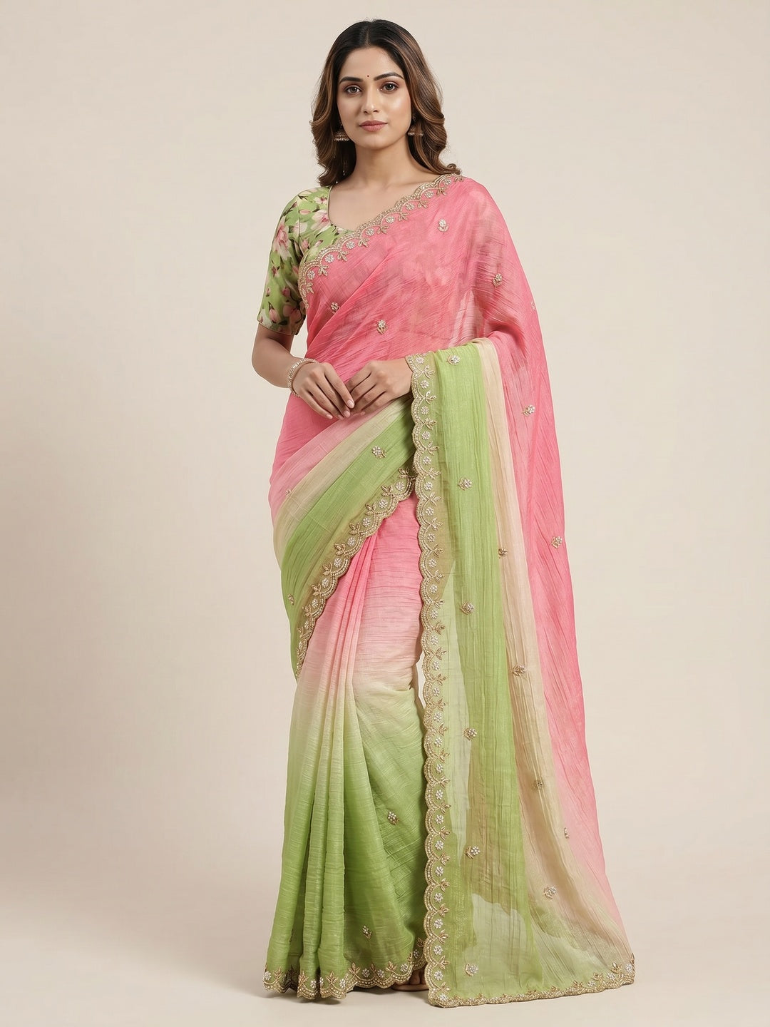 Peachmode Pista Crunchy Crush Embroidered Saree - Image 1