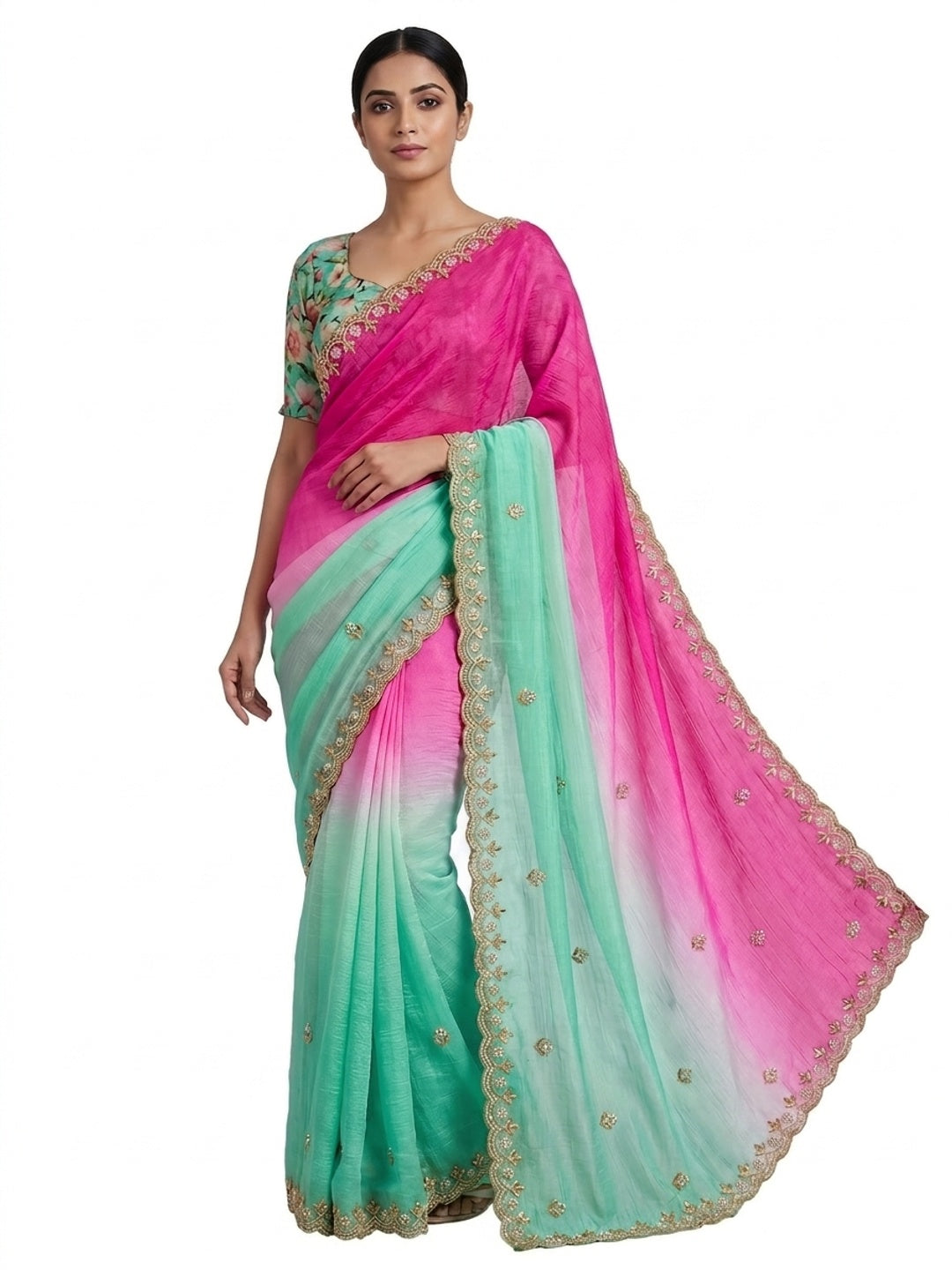 Peachmode Sea Green Crunchy Crush Embroidered Saree - Image 4
