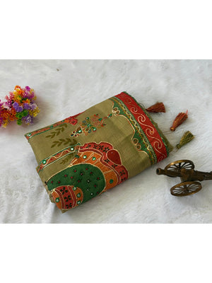 Peachmode Olive Simar Silk Digital Print Saree with Aari Work - Image 2