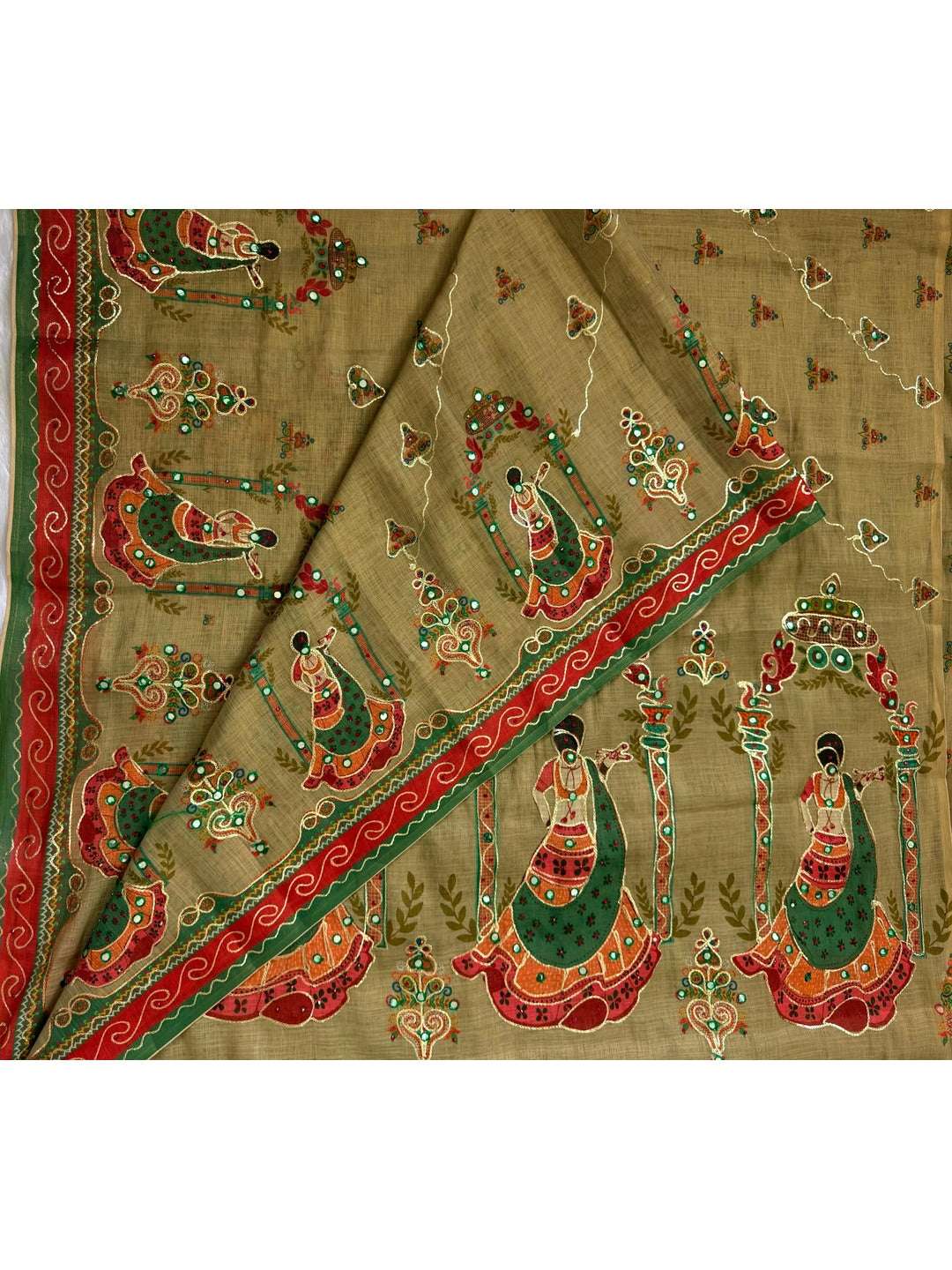 Peachmode Olive Simar Silk Digital Print Saree with Aari Work - Image 3