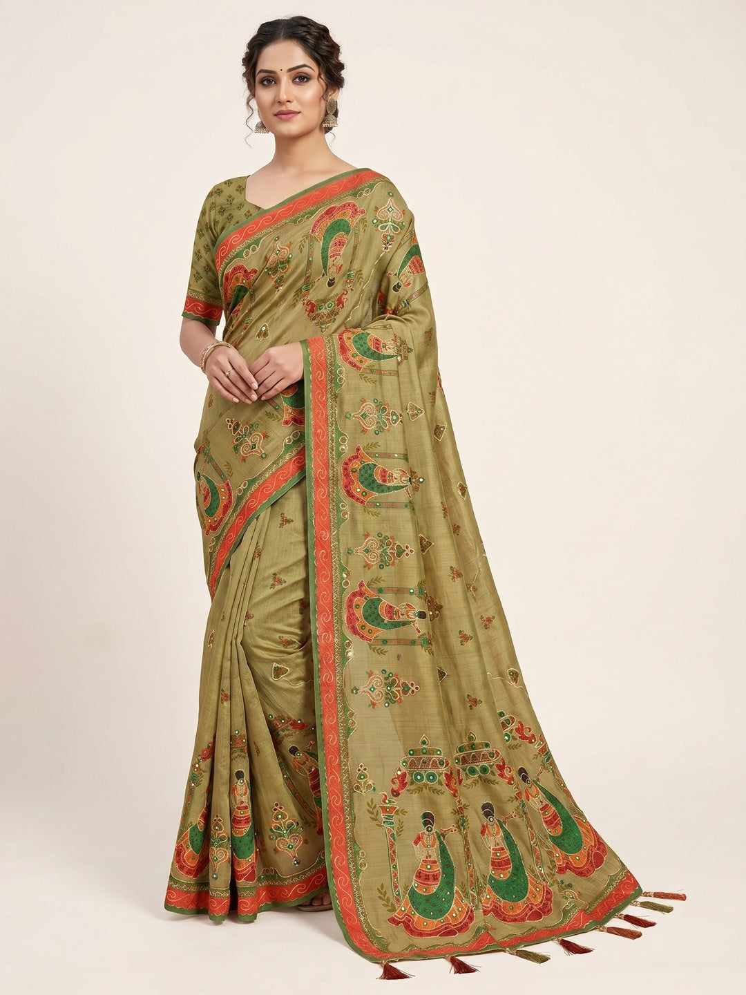 Peachmode Olive Simar Silk Digital Print Saree with Aari Work - Image 1
