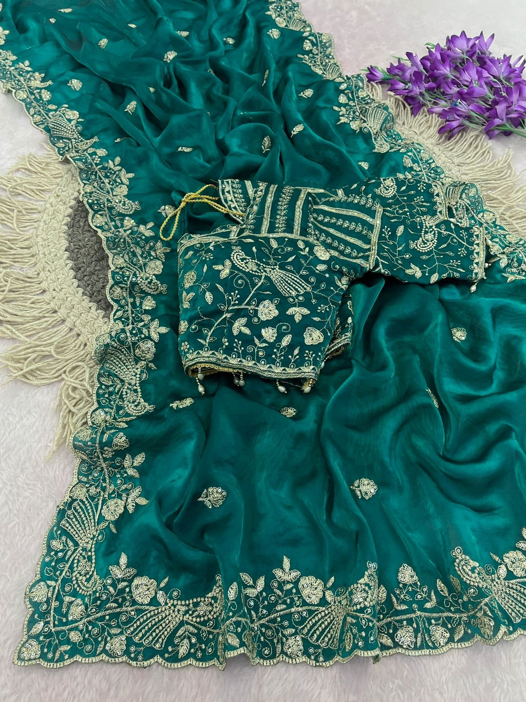 Peachmode Teal Fandy Satin Silk Saree with Sequins, Zari Embroidery and Cutwork Border - Image 2