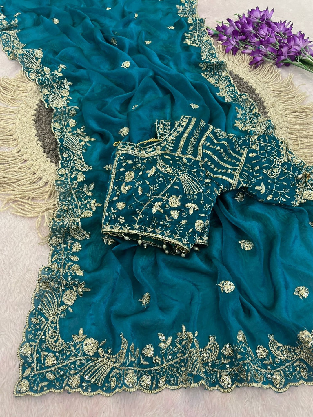 Peachmode Teal Fandy Satin Silk Saree with Sequins, Zari Embroidery and Cutwork Border - Image 3