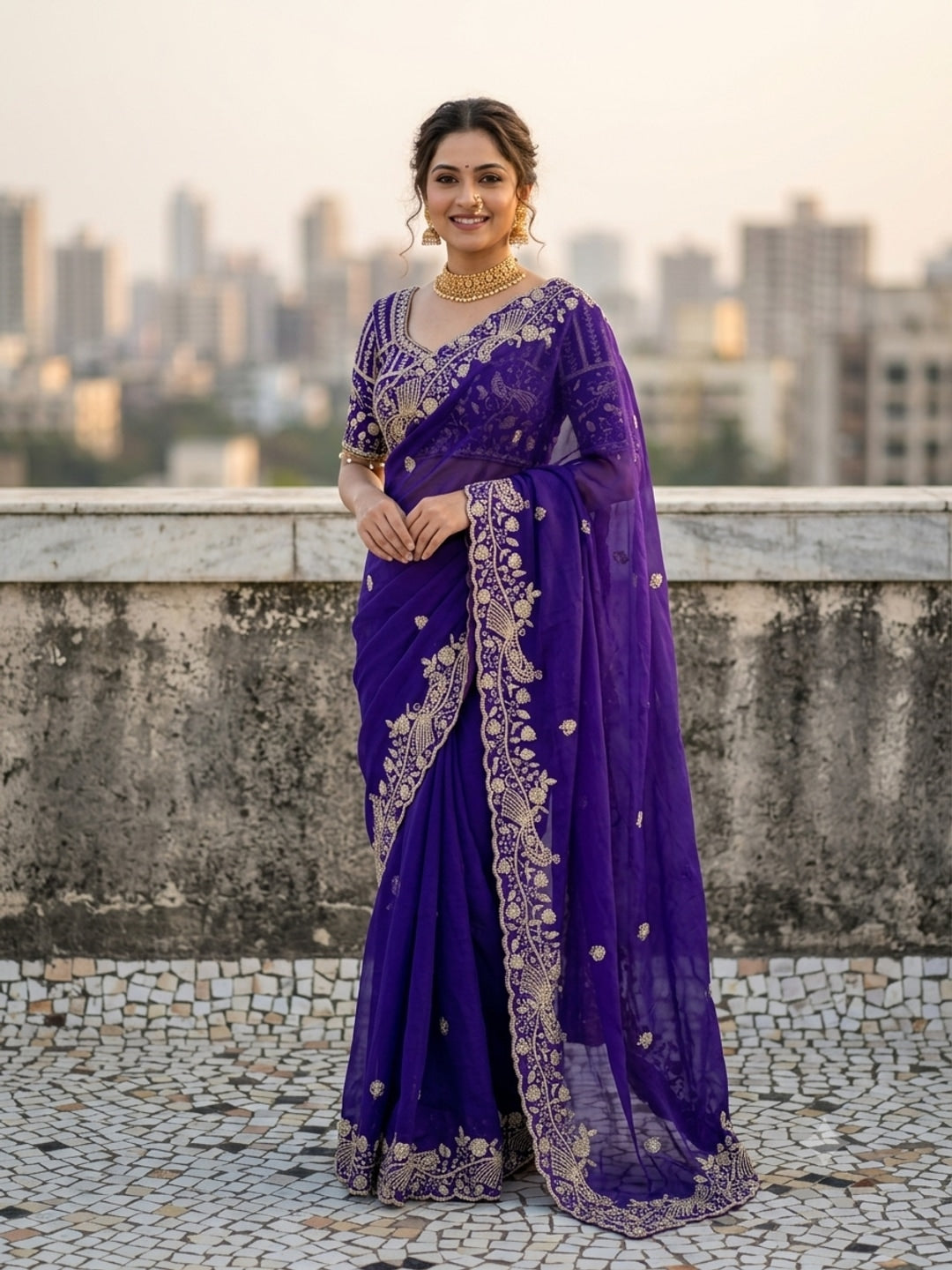 Peachmode Purple Fandy Satin Silk Saree with Sequins, Zari Embroidery and Cutwork Border - Image 1