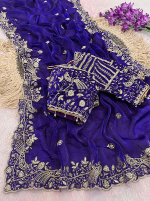 Peachmode Purple Fandy Satin Silk Saree with Sequins, Zari Embroidery and Cutwork Border - Image 2