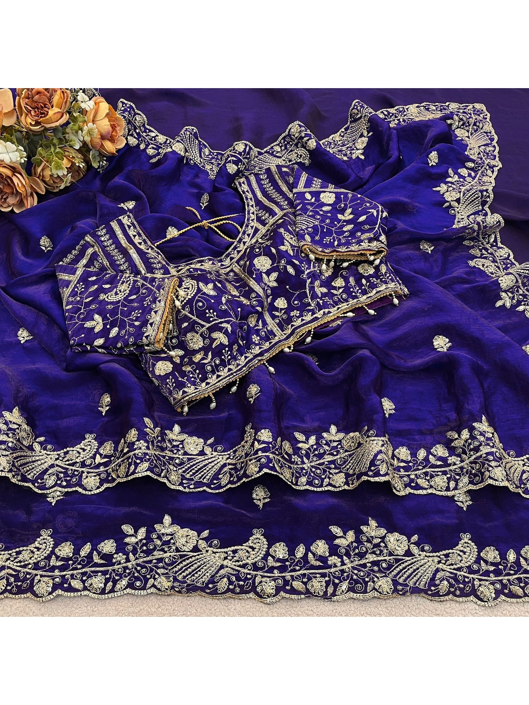 Peachmode Purple Fandy Satin Silk Saree with Sequins, Zari Embroidery and Cutwork Border - Image 3