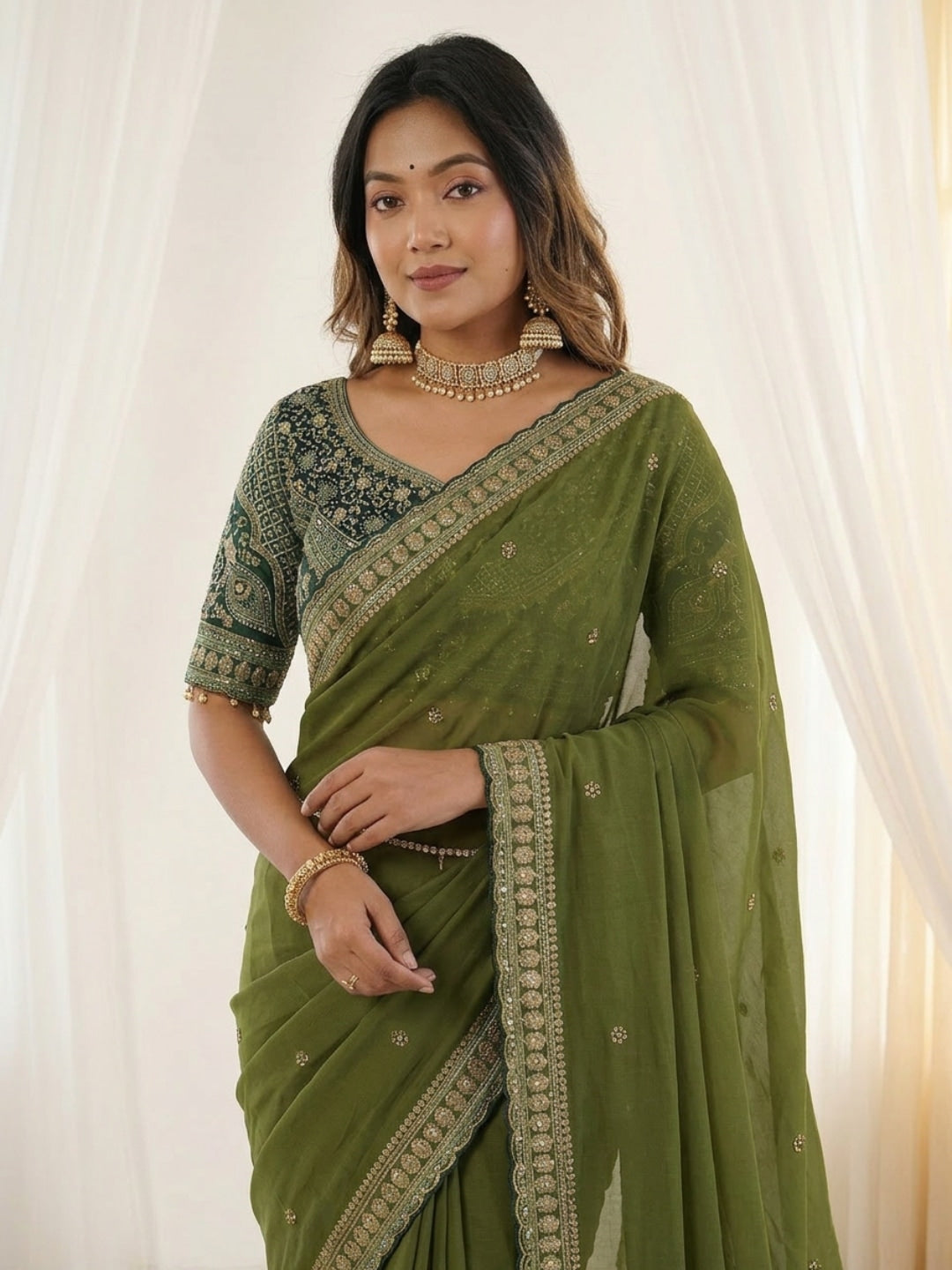 Peachmode Olive Rangoli Silk Saree with Sequins, Zari Embroidery and Multi Arco Border - Image 2