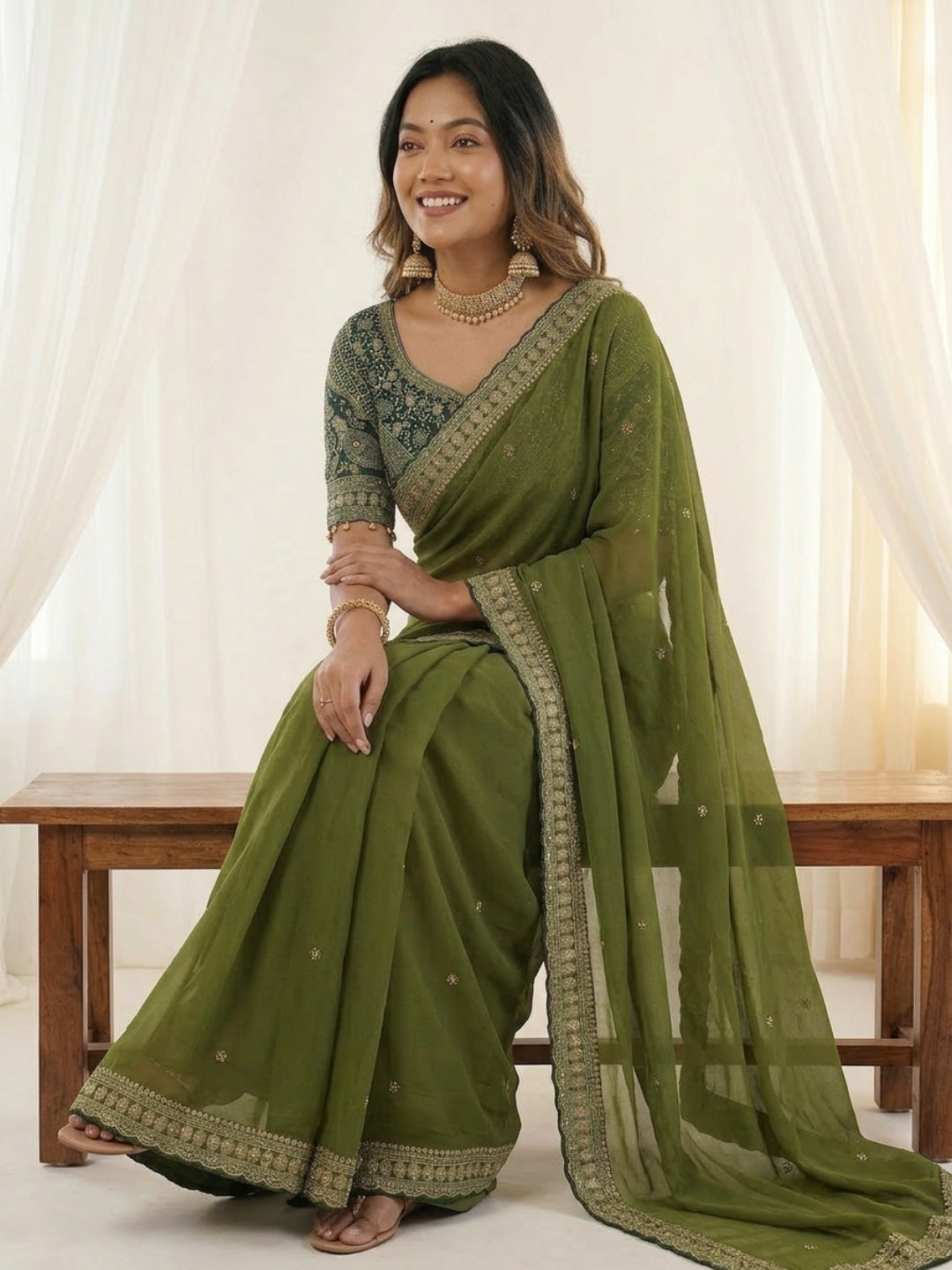 Peachmode Olive Rangoli Silk Saree with Sequins, Zari Embroidery and Multi Arco Border - Image 4