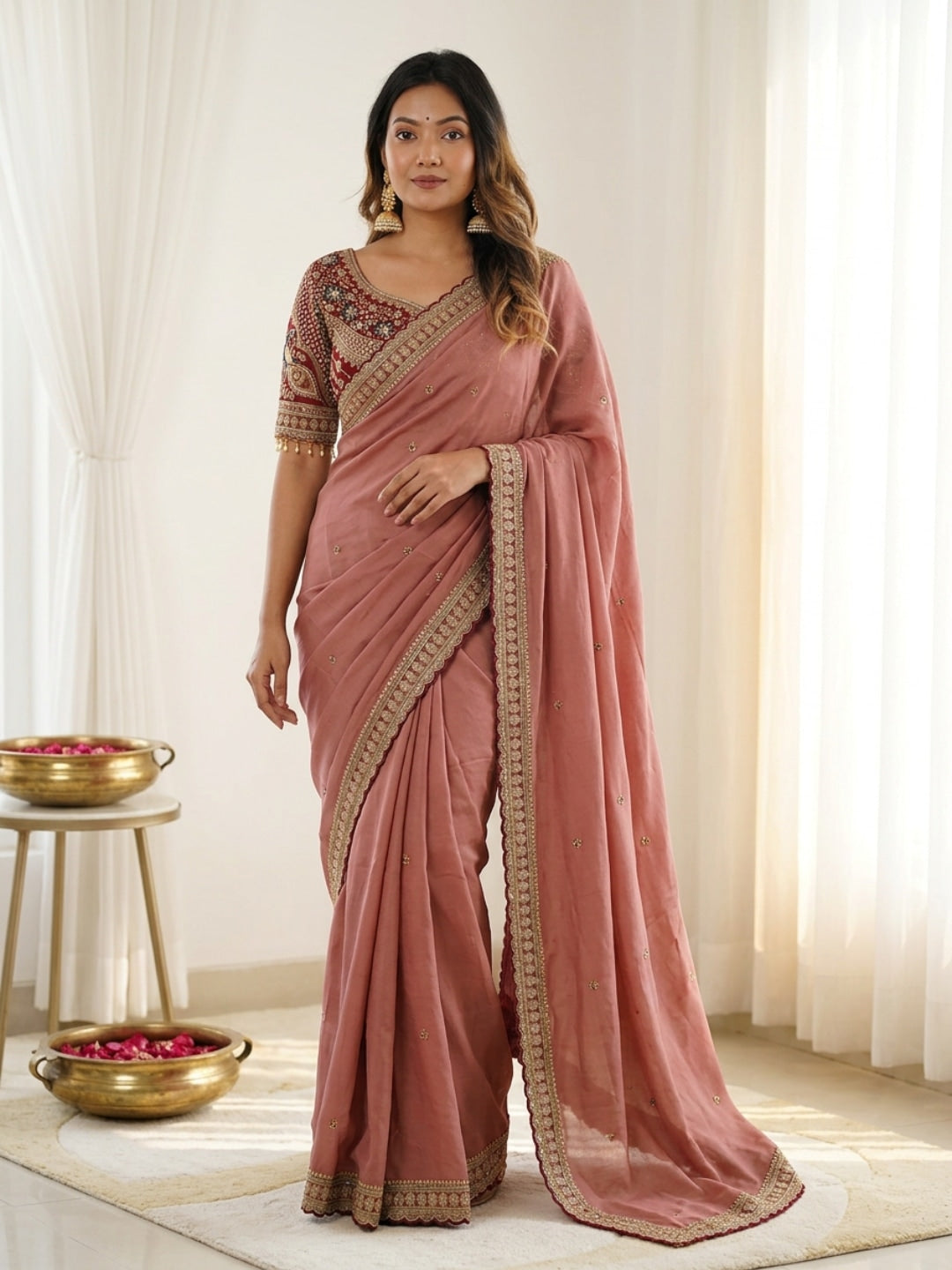 Peachmode Peach Rangoli Silk Saree with Sequins, Zari Embroidery and Multi Arco Border - Image 1
