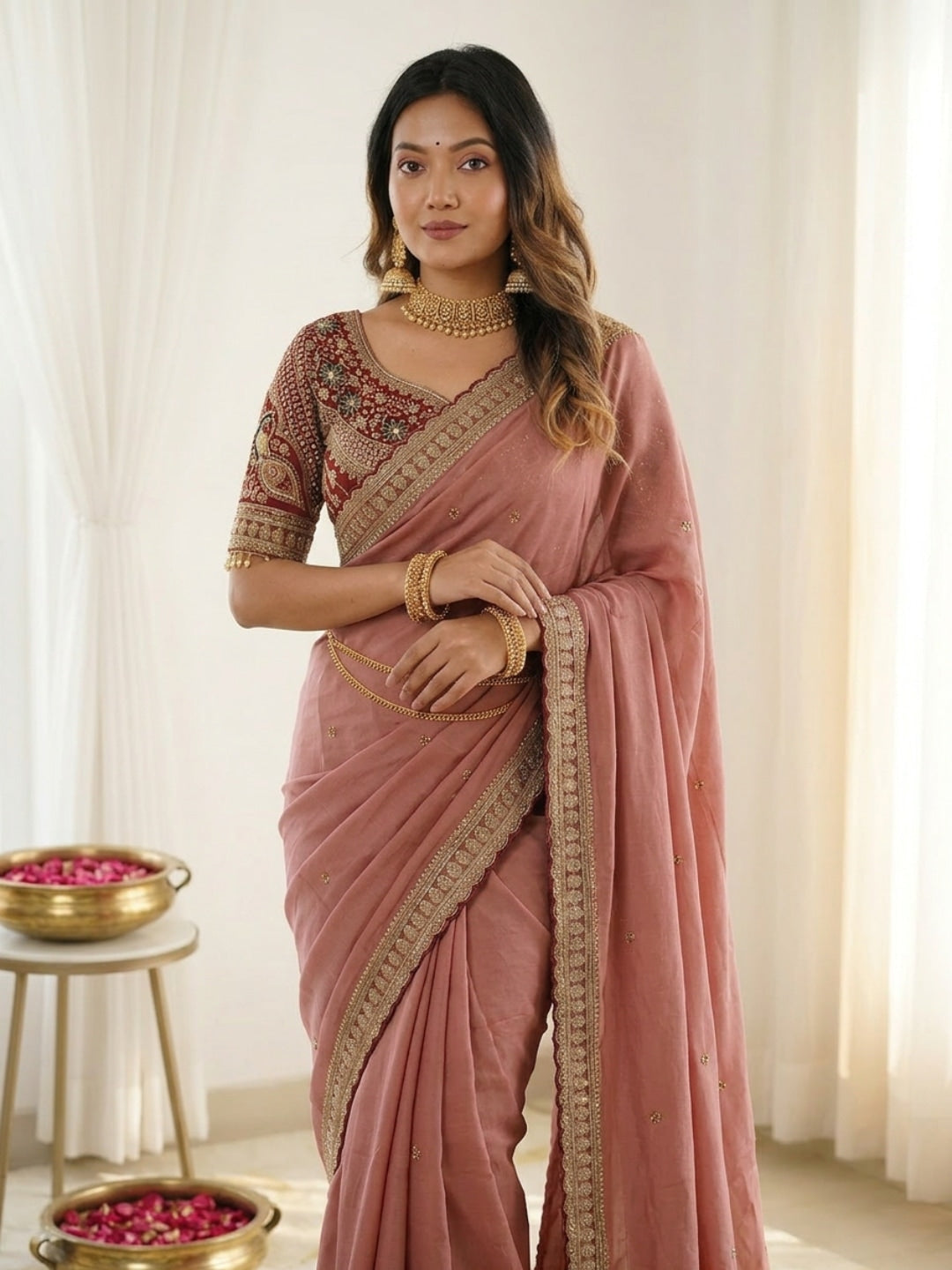 Peachmode Peach Rangoli Silk Saree with Sequins, Zari Embroidery and Multi Arco Border - Image 2