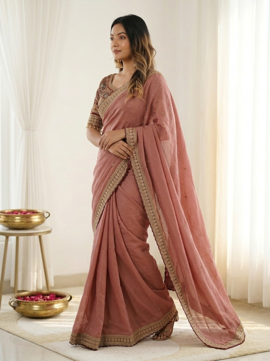 Peachmode Peach Rangoli Silk Saree with Sequins, Zari Embroidery and Multi Arco Border - Image 3