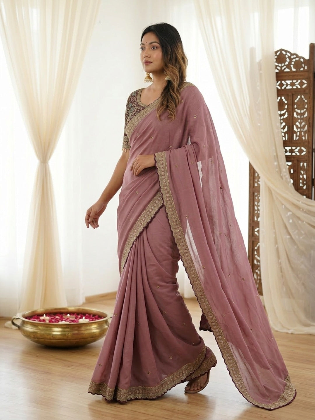 Peachmode Mauve Rangoli Silk Saree with Sequins, Zari Embroidery and Multi Arco Border - Image 3