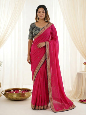 Peachmode Pink Rangoli Silk Saree with Sequins, Zari Embroidery and Multi Arco Border - Image 1